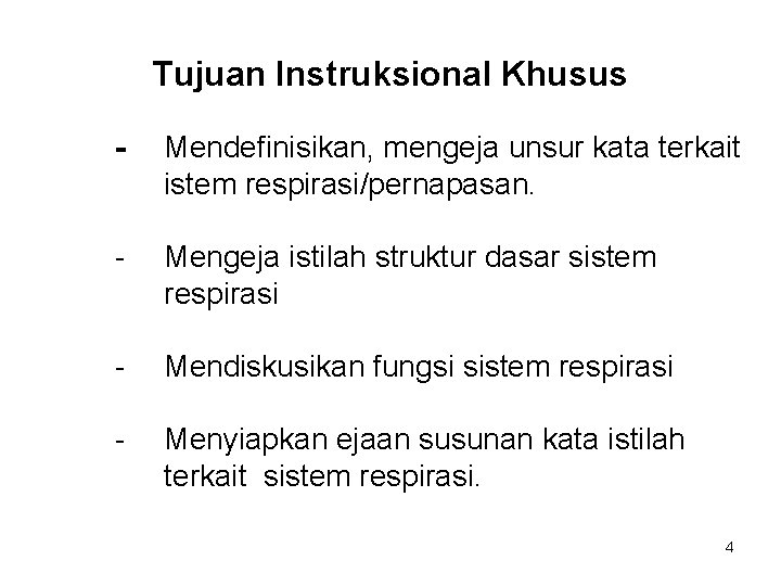 Tujuan Instruksional Khusus - Mendefinisikan, mengeja unsur kata terkait istem respirasi/pernapasan. - Mengeja istilah