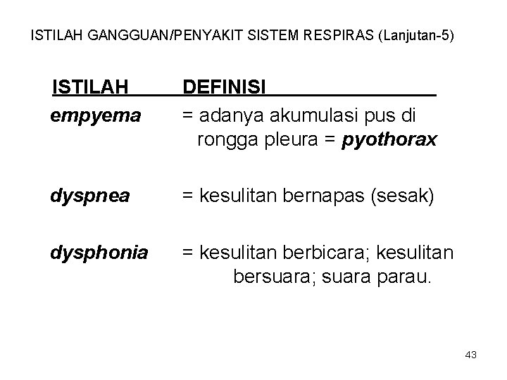 ISTILAH GANGGUAN/PENYAKIT SISTEM RESPIRAS (Lanjutan-5) ISTILAH empyema DEFINISI = adanya akumulasi pus di rongga