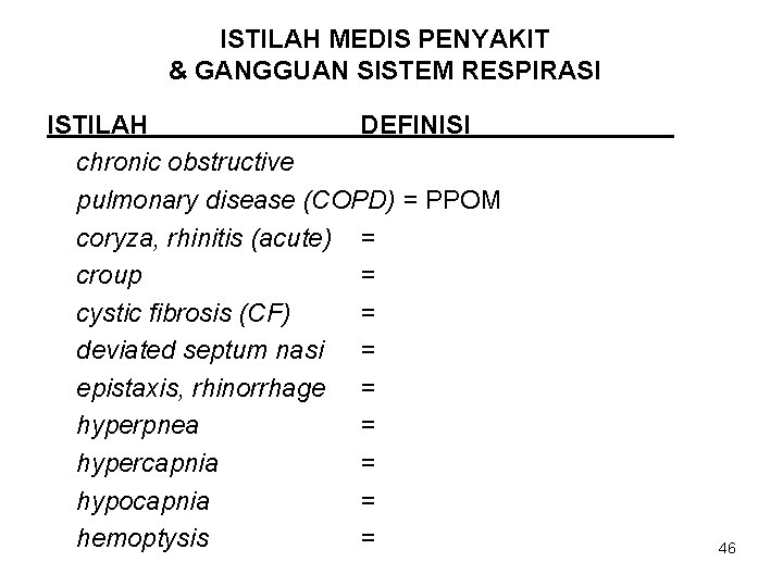 ISTILAH MEDIS PENYAKIT & GANGGUAN SISTEM RESPIRASI ISTILAH DEFINISI chronic obstructive pulmonary disease (COPD)