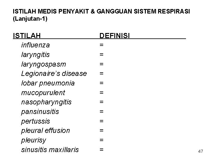 ISTILAH MEDIS PENYAKIT & GANGGUAN SISTEM RESPIRASI (Lanjutan-1) ISTILAH influenza laryngitis laryngospasm Legionaire’s disease