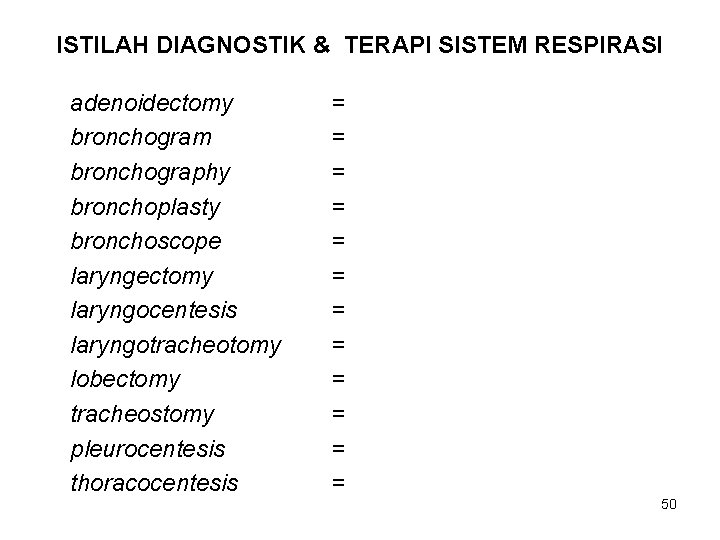 ISTILAH DIAGNOSTIK & TERAPI SISTEM RESPIRASI adenoidectomy bronchogram bronchography bronchoplasty bronchoscope laryngectomy laryngocentesis laryngotracheotomy