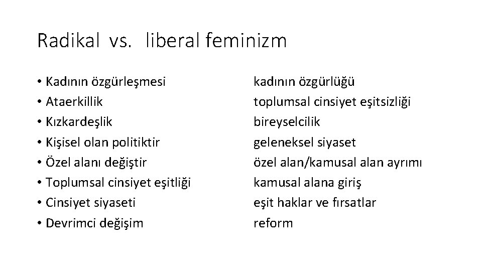 Radikal vs. liberal feminizm • Kadının özgürleşmesi • Ataerkillik • Kızkardeşlik • Kişisel olan