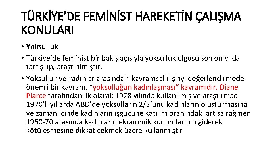 TÜRKİYE’DE FEMİNİST HAREKETİN ÇALIŞMA KONULARI • Yoksulluk • Türkiye’de feminist bir bakış açısıyla yoksulluk