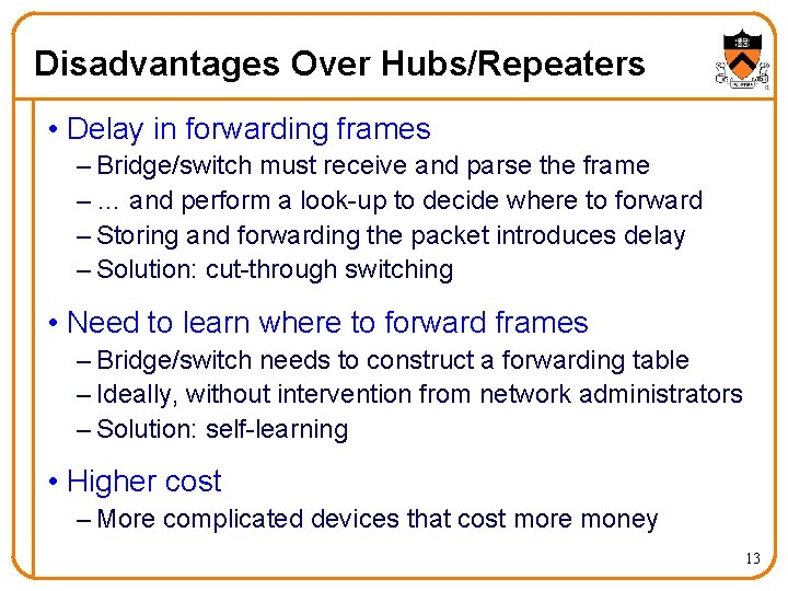 Disadvantages Over Hubs/Repeaters • Delay in forwarding frames – Bridge/switch must receive and parse