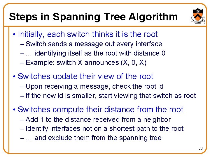 Steps in Spanning Tree Algorithm • Initially, each switch thinks it is the root