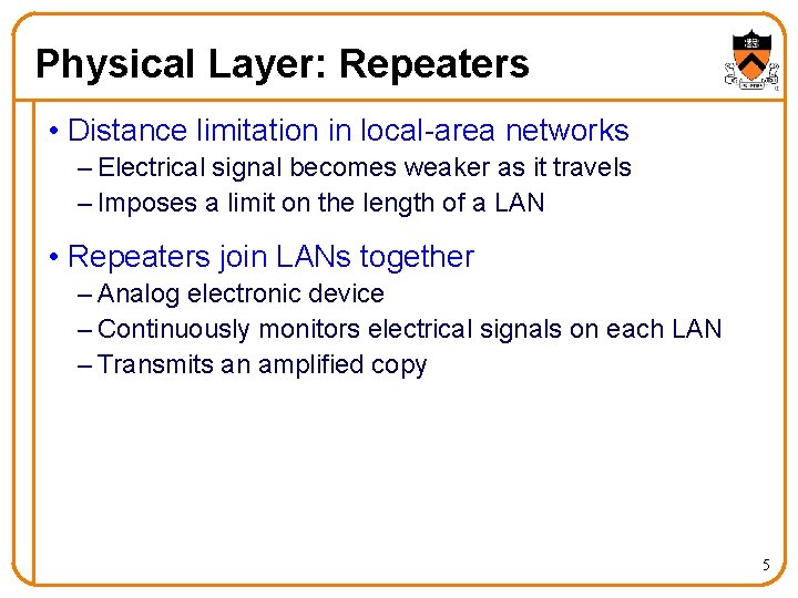 Physical Layer: Repeaters • Distance limitation in local-area networks – Electrical signal becomes weaker