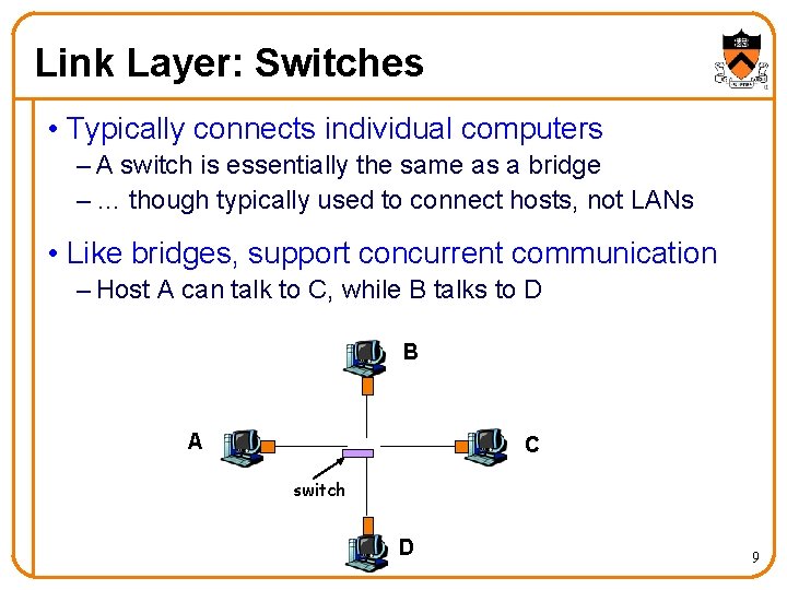 Link Layer: Switches • Typically connects individual computers – A switch is essentially the