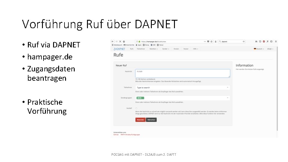 Vorführung Ruf über DAPNET • Ruf via DAPNET • hampager. de • Zugangsdaten beantragen