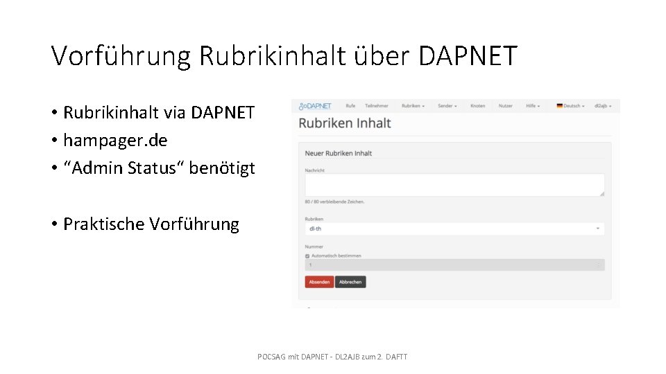 Vorführung Rubrikinhalt über DAPNET • Rubrikinhalt via DAPNET • hampager. de • “Admin Status“