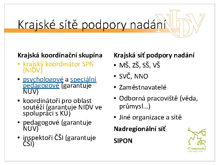 Krajské sítě podpory nadání Krajská koordinační skupina • krajský koordinátor SPN (NIDV) • psychologové