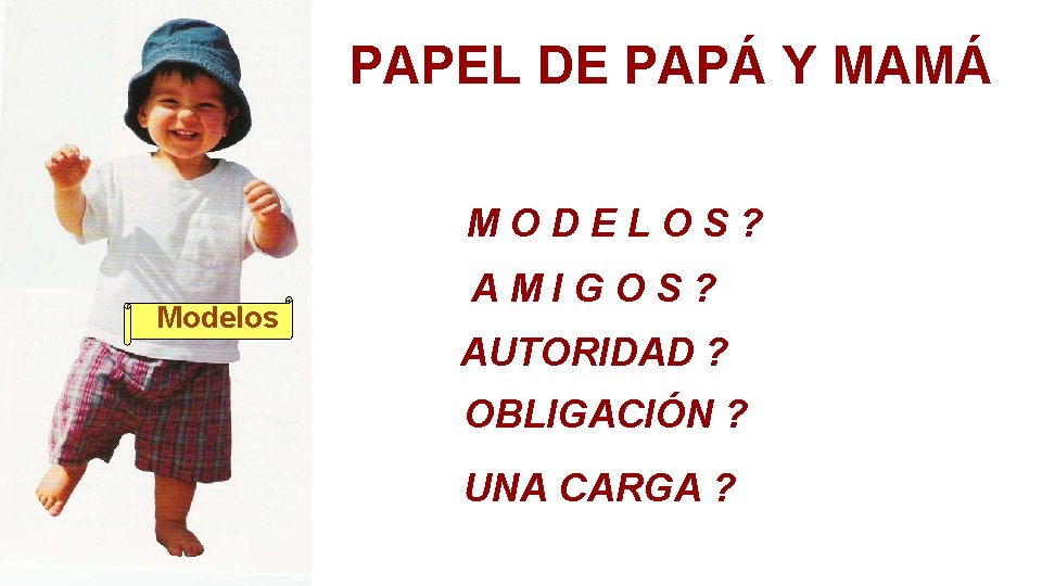 PAPEL DE PAPÁ Y MAMÁ MODELOS? Modelos AMIGOS? AUTORIDAD ? OBLIGACIÓN ? UNA CARGA PAPEL DE PAPÁ Y MAMÁ MODELOS? Modelos AMIGOS? AUTORIDAD ? OBLIGACIÓN ? UNA CARGA