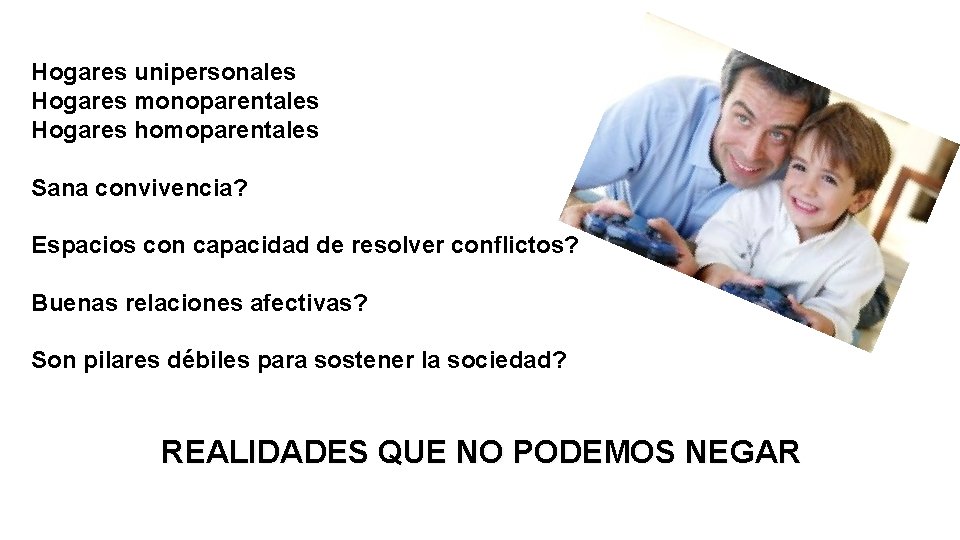 Hogares unipersonales Hogares monoparentales Hogares homoparentales Sana convivencia? Espacios con capacidad de resolver conflictos? Hogares unipersonales Hogares monoparentales Hogares homoparentales Sana convivencia? Espacios con capacidad de resolver conflictos?