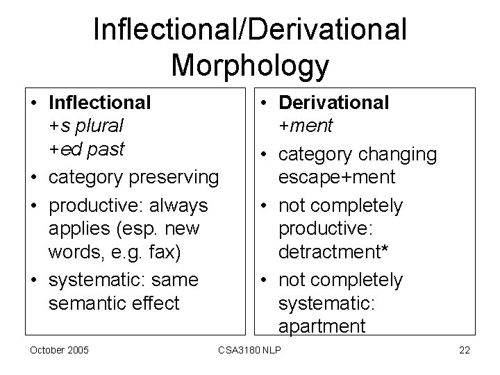 Inflectional/Derivational Morphology • Inflectional +s plural +ed past • category preserving • productive: always