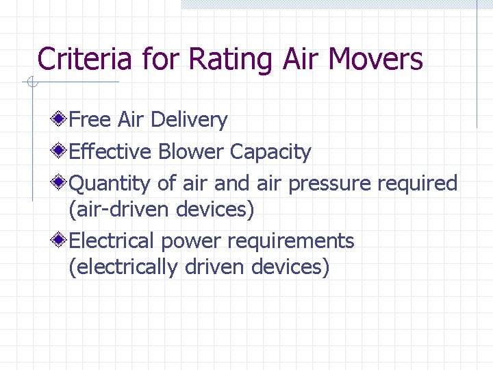 Criteria for Rating Air Movers Free Air Delivery Effective Blower Capacity Quantity of air