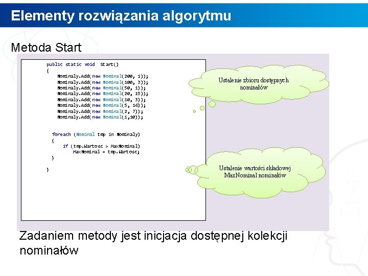 Elementy rozwiązania algorytmu Metoda Start public static void Start() { Nominaly. Add(new Nominal(200, 1));