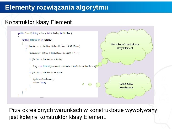 Elementy rozwiązania algorytmu Konstruktor klasy Element Wywołanie konstruktora klasy Element Znaleziono rozwiązanie Przy określonych