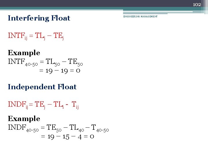 102 Interfering Float INTFij = TLj – TEj Example INTF 40 -50 = TL