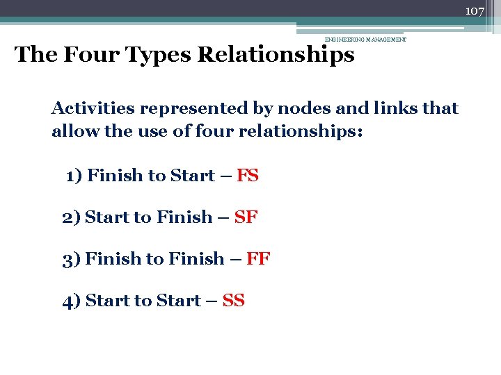 107 ENGINEERING MANAGEMENT The Four Types Relationships Activities represented by nodes and links that