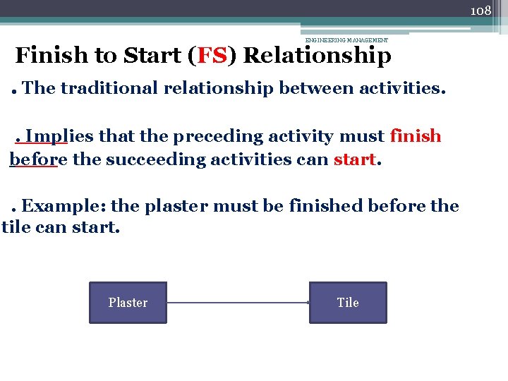 108 ENGINEERING MANAGEMENT Finish to Start (FS) Relationship. The traditional relationship between activities. .