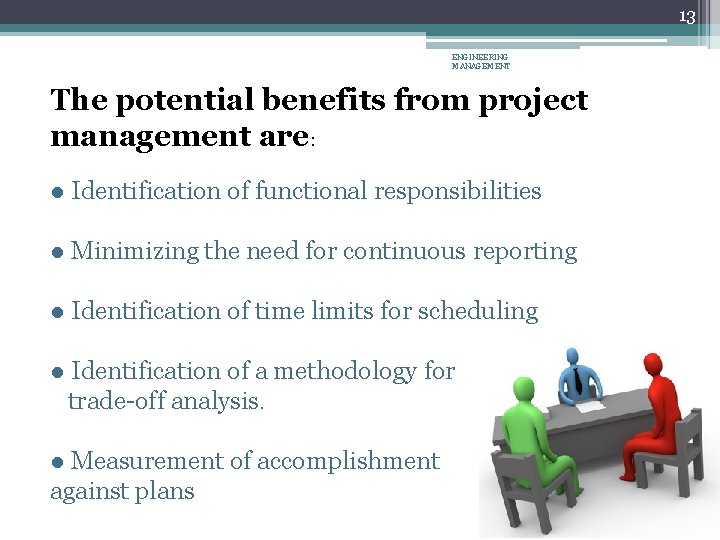 13 ENGINEERING MANAGEMENT The potential benefits from project management are: ● Identification of functional