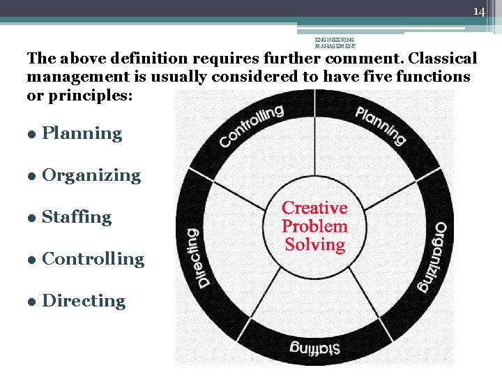 14 ENGINEERING MANAGEMENT The above definition requires further comment. Classical management is usually considered