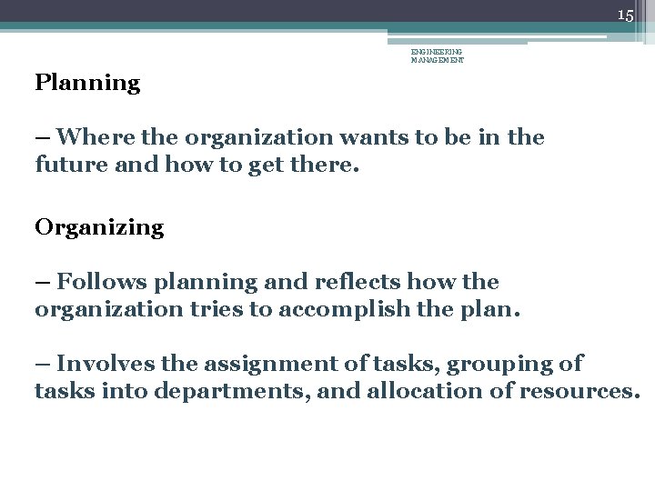 15 ENGINEERING MANAGEMENT Planning – Where the organization wants to be in the future