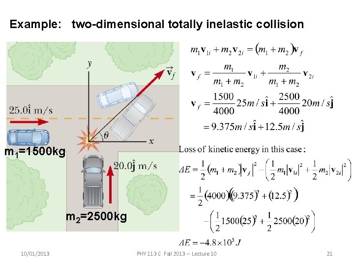 Example: two-dimensional totally inelastic collision m 1=1500 kg m 2=2500 kg 10/01/2013 PHY 113