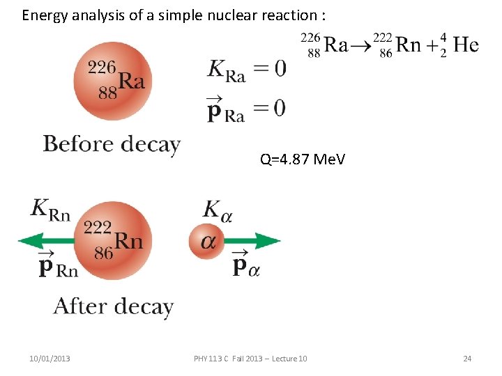Energy analysis of a simple nuclear reaction : Q=4. 87 Me. V 10/01/2013 PHY
