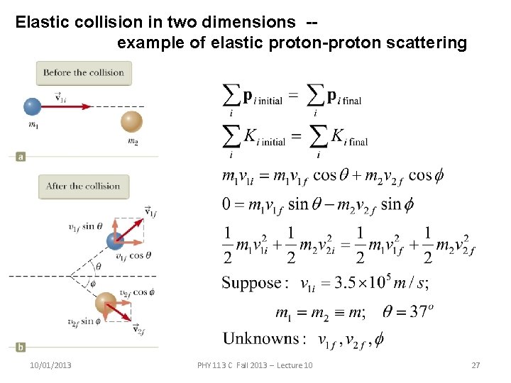 Elastic collision in two dimensions -example of elastic proton-proton scattering 10/01/2013 PHY 113 C