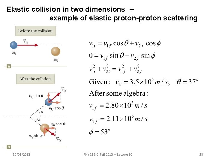 Elastic collision in two dimensions -example of elastic proton-proton scattering 10/01/2013 PHY 113 C