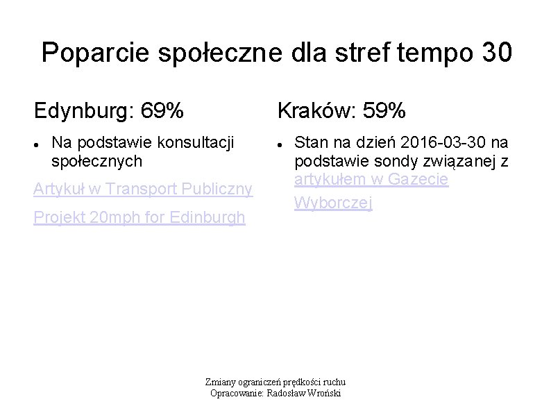Poparcie społeczne dla stref tempo 30 Edynburg: 69% Kraków: 59% Na podstawie konsultacji społecznych