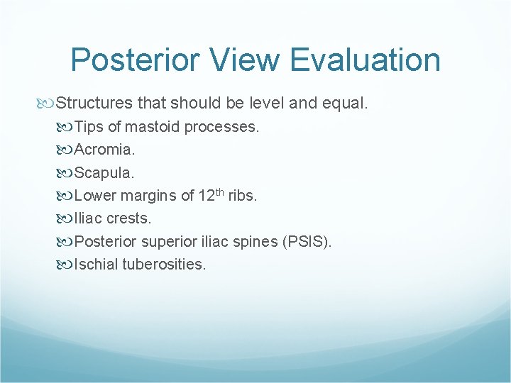 Posterior View Evaluation Structures that should be level and equal. Tips of mastoid processes.