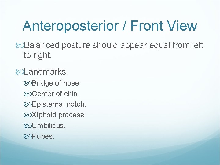 Anteroposterior / Front View Balanced posture should appear equal from left to right. Landmarks.