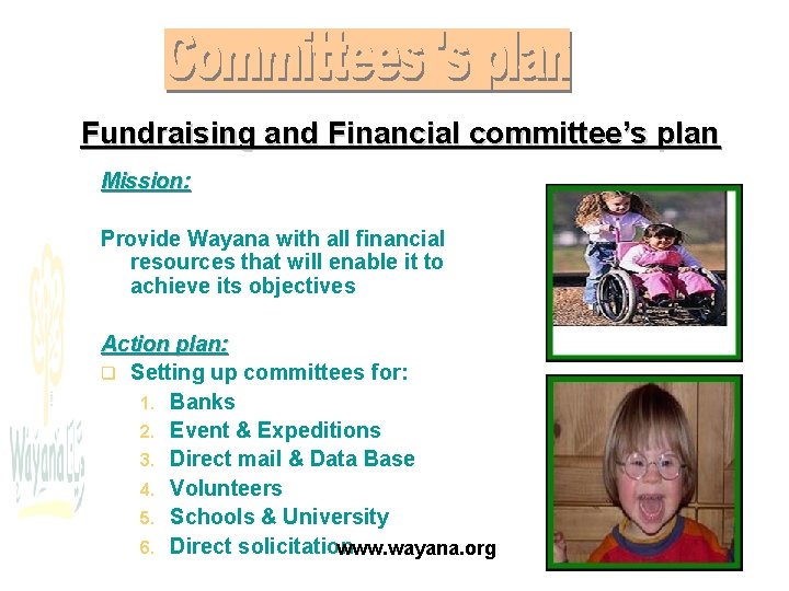  Fundraising and Financial committee’s plan Mission: Provide Wayana with all financial resources that