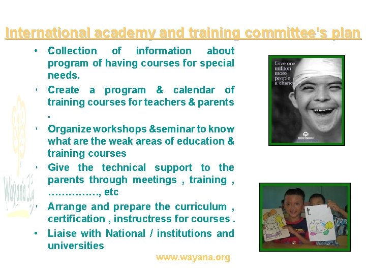 International academy and training committee’s plan • Collection of information about program of having