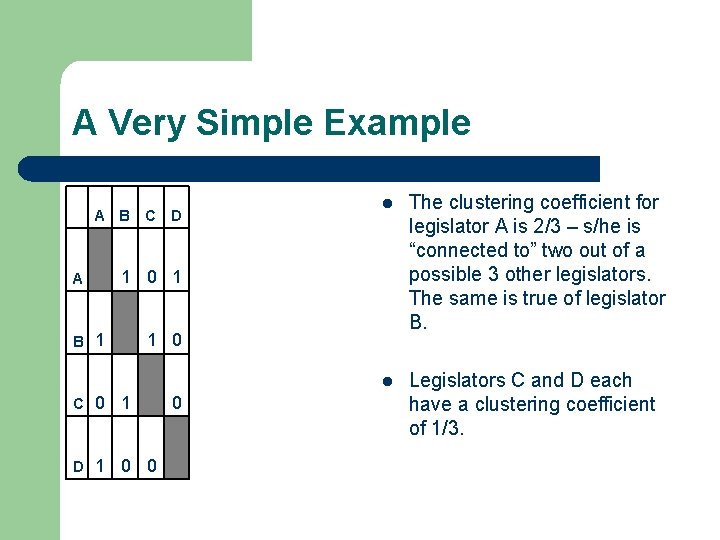 A Very Simple Example A B 1 C D l The clustering coefficient for