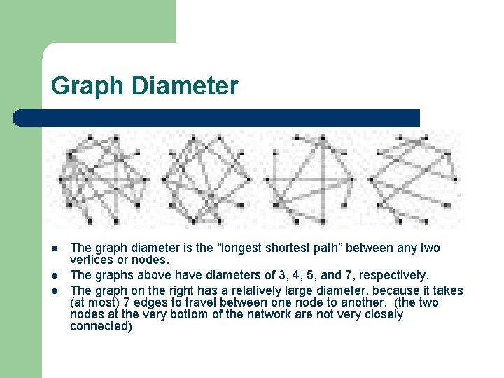 Graph Diameter l l l The graph diameter is the “longest shortest path” between