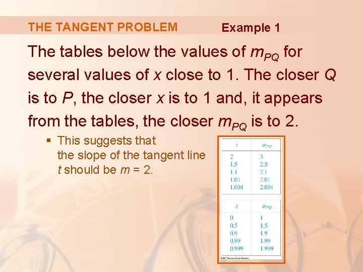 THE TANGENT PROBLEM Example 1 The tables below the values of m. PQ for
