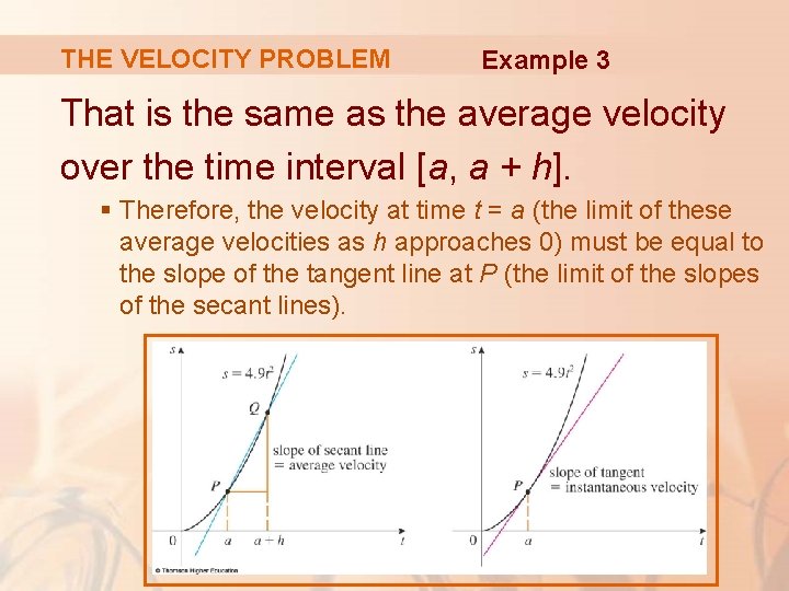 THE VELOCITY PROBLEM Example 3 That is the same as the average velocity over
