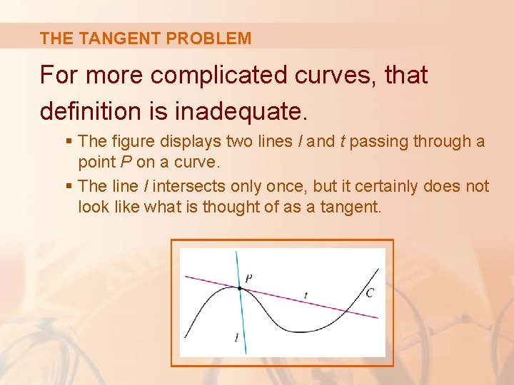 THE TANGENT PROBLEM For more complicated curves, that definition is inadequate. § The figure