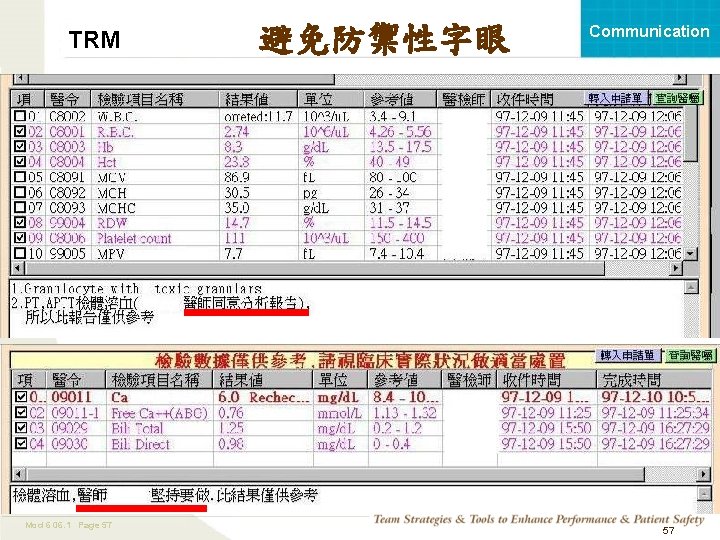 TRM Mod 6 06. 1 Page 57 避免防禦性字眼 TEAMSTEPPS 05. 2 Communication 57 