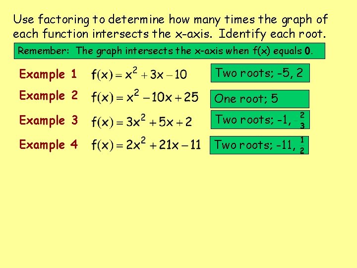 Use factoring to determine how many times the graph of each function intersects the