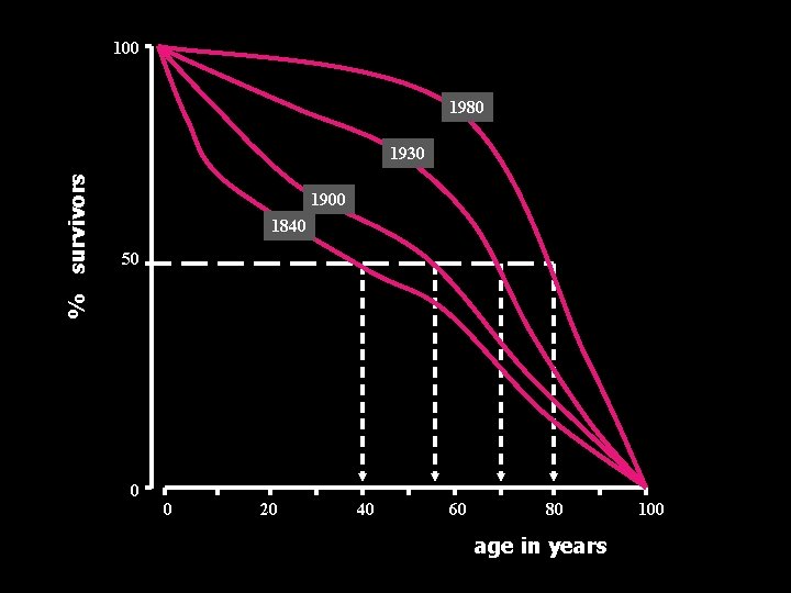 100 1980 % survivors 1930 1900 1840 50 0 0 20 40 60 80