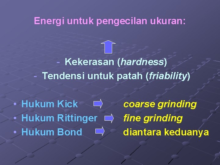 Energi untuk pengecilan ukuran: - Kekerasan (hardness) - Tendensi untuk patah (friability) • •