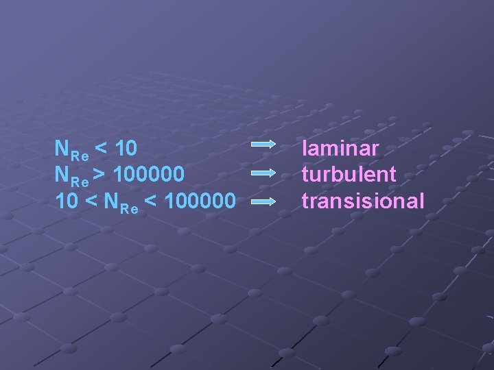 NRe < 10 NRe > 100000 10 < NRe < 100000 laminar turbulent transisional