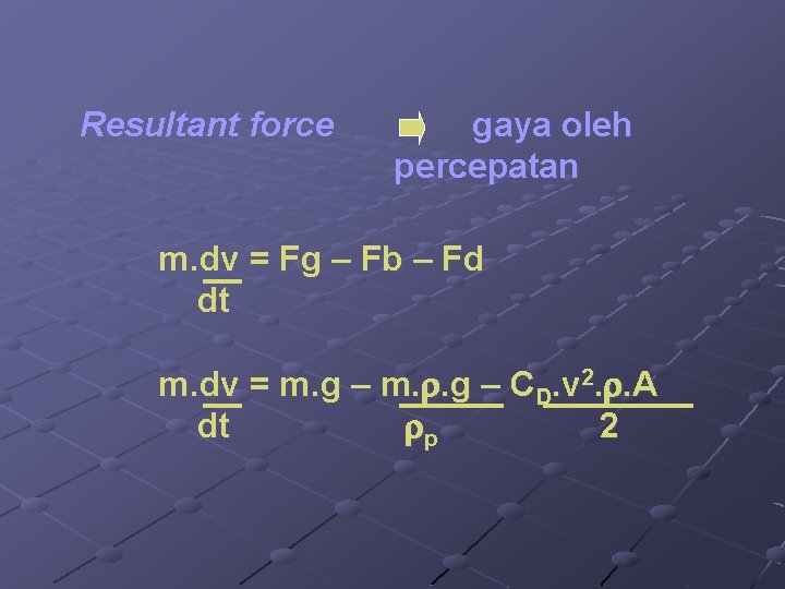 Resultant force gaya oleh percepatan m. dv = Fg – Fb – Fd dt