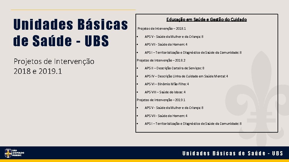 Unidades Básicas de Saúde - UBS Projetos de Intervenção 2018 e 2019. 1 Educação Unidades Básicas de Saúde - UBS Projetos de Intervenção 2018 e 2019. 1 Educação