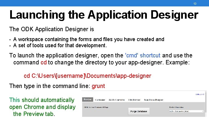 13 Launching the Application Designer The ODK Application Designer is • • A workspace