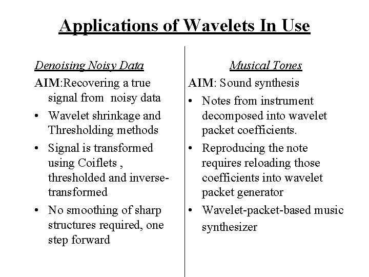 Applications of Wavelets In Use Denoising Noisy Data AIM: Recovering a true signal from