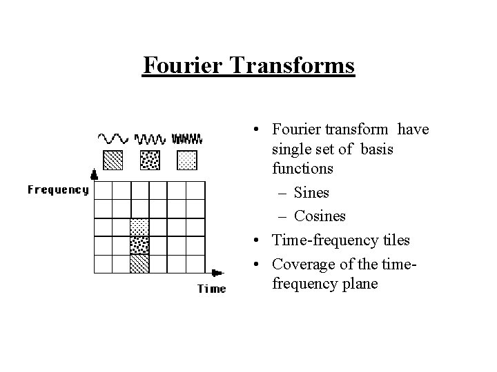 Fourier Transforms • Fourier transform have single set of basis functions – Sines –